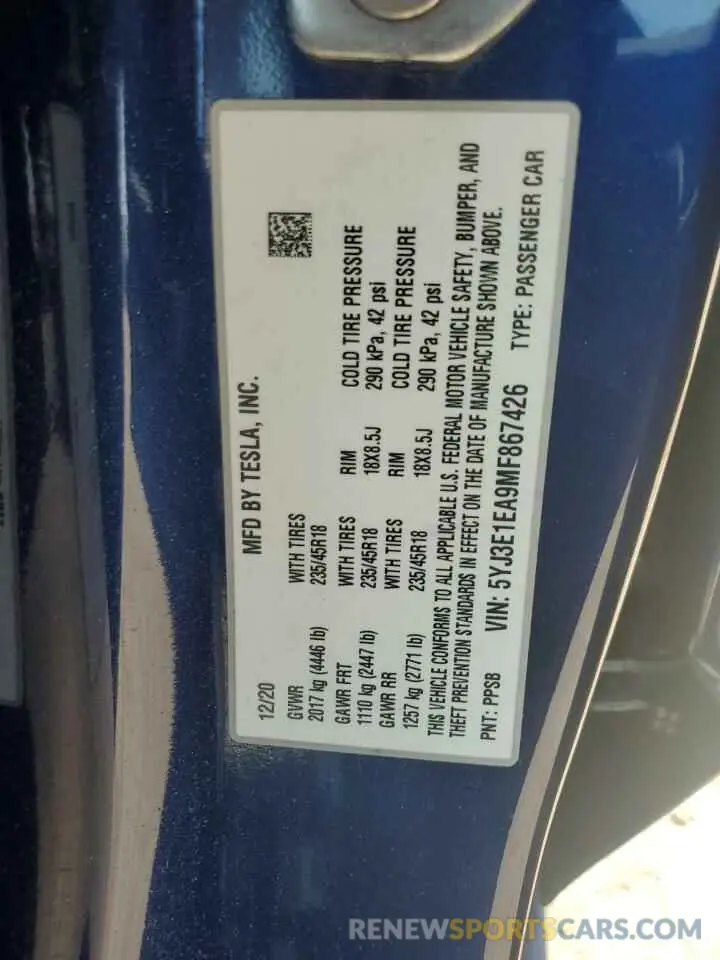 12 Фотография поврежденного автомобиля 5YJ3E1EA9MF867426 TESLA MODEL 3 2021