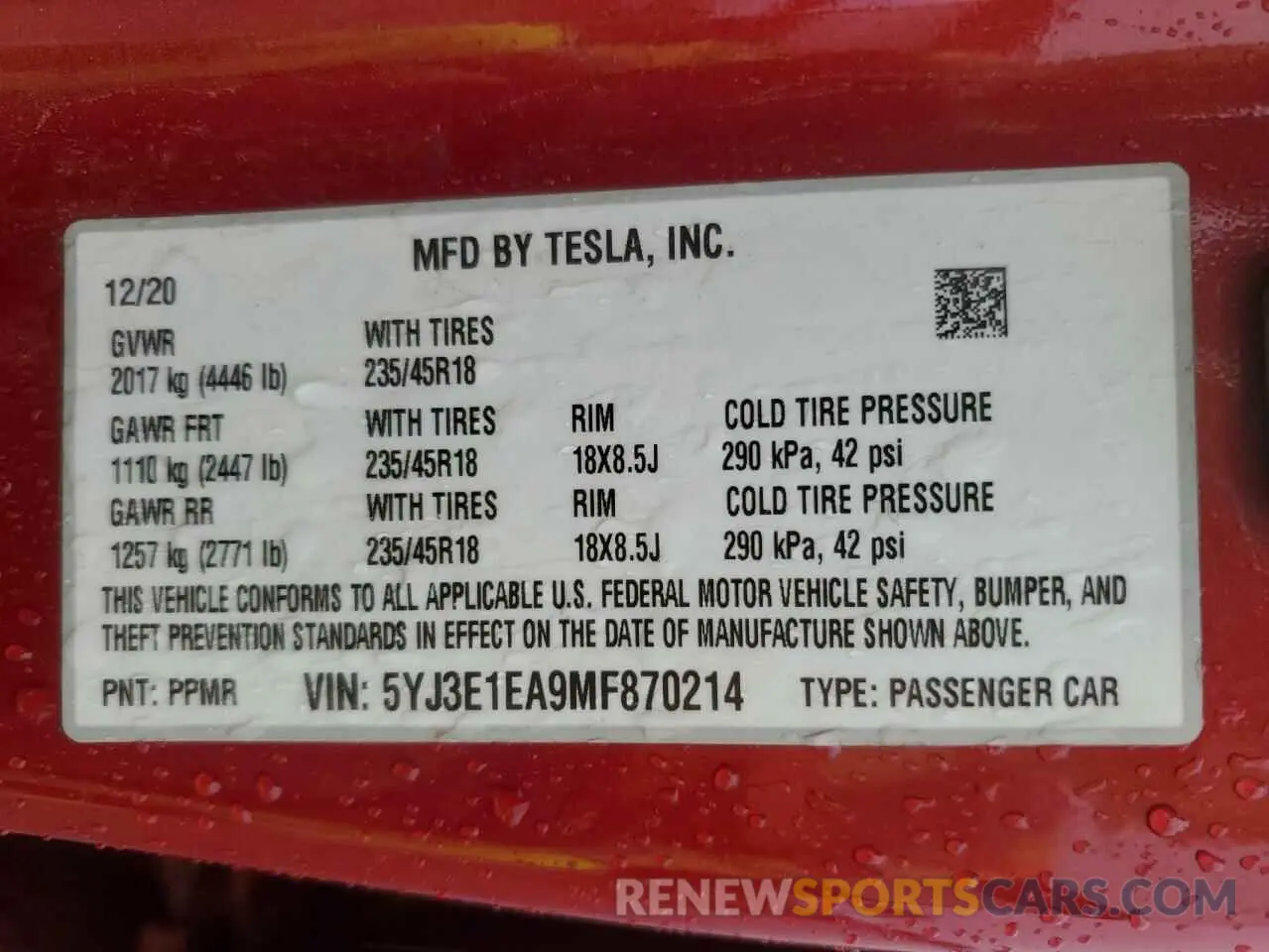14 Photograph of a damaged car 5YJ3E1EA9MF870214 TESLA MODEL 3 2021