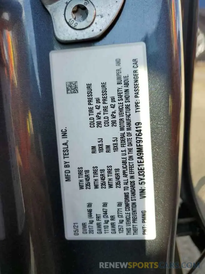 12 Фотография поврежденного автомобиля 5YJ3E1EA9MF976419 TESLA MODEL 3 2021