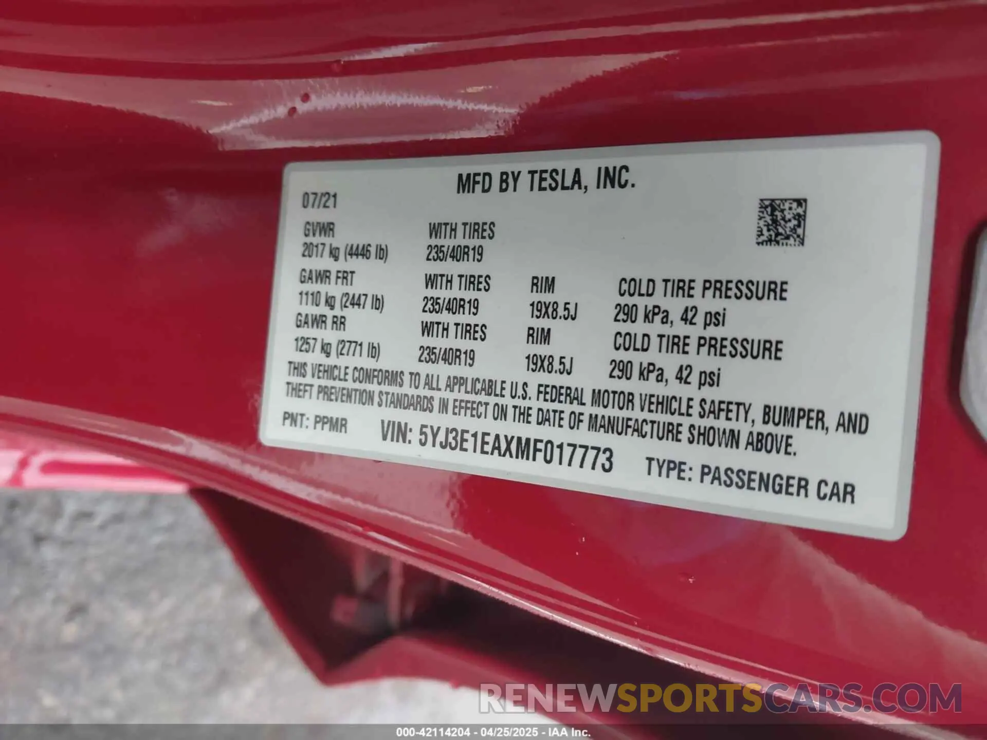 9 Фотография поврежденного автомобиля 5YJ3E1EAXMF017773 TESLA MODEL 3 2021