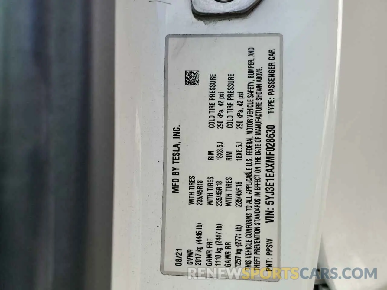 13 Фотография поврежденного автомобиля 5YJ3E1EAXMF028630 TESLA MODEL 3 2021