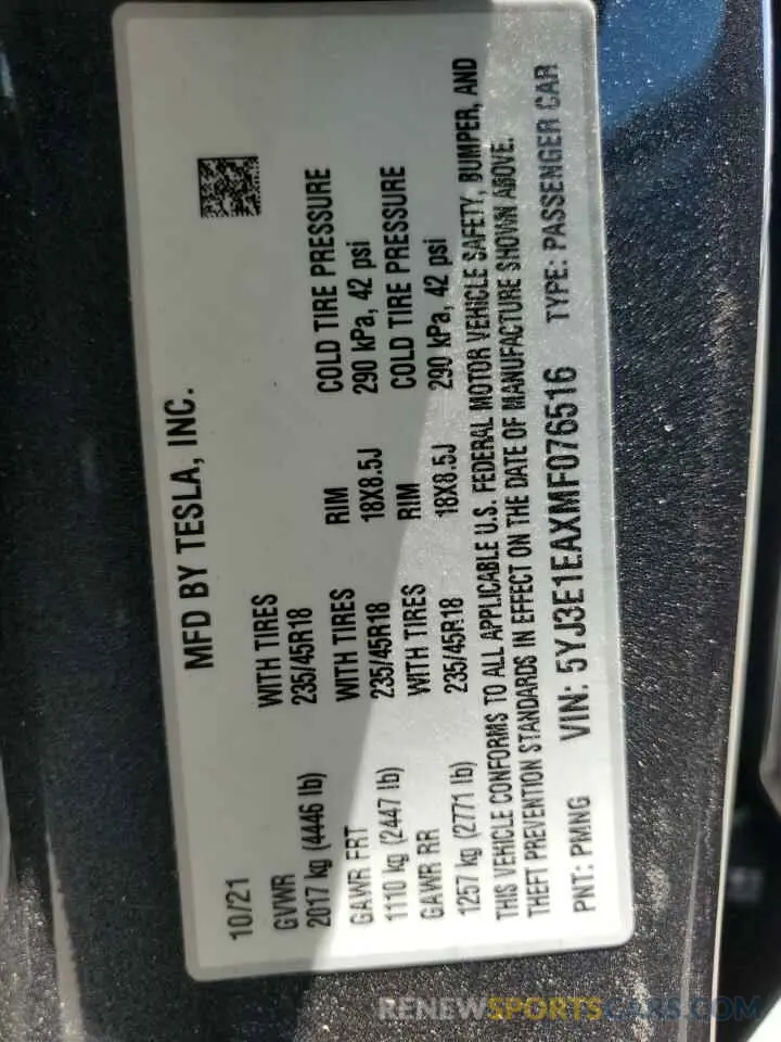 12 Фотография поврежденного автомобиля 5YJ3E1EAXMF076516 TESLA MODEL 3 2021