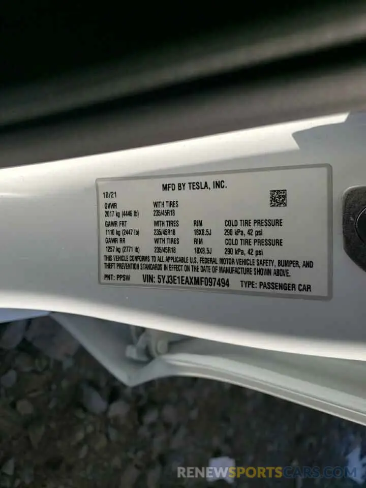 13 Photograph of a damaged car 5YJ3E1EAXMF097494 TESLA MODEL 3 2021