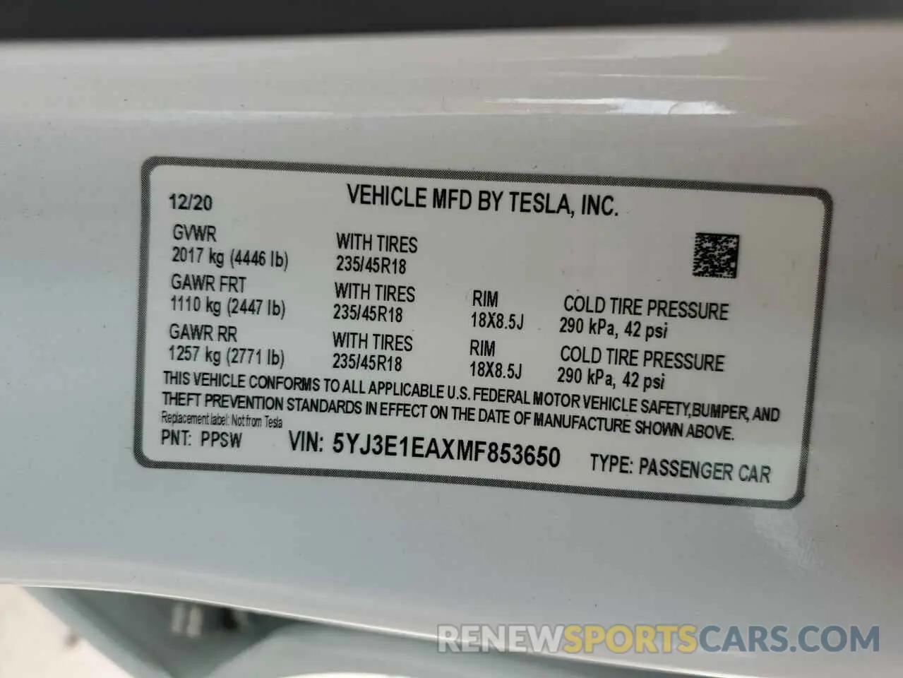 14 Фотография поврежденного автомобиля 5YJ3E1EAXMF853650 TESLA MODEL 3 2021