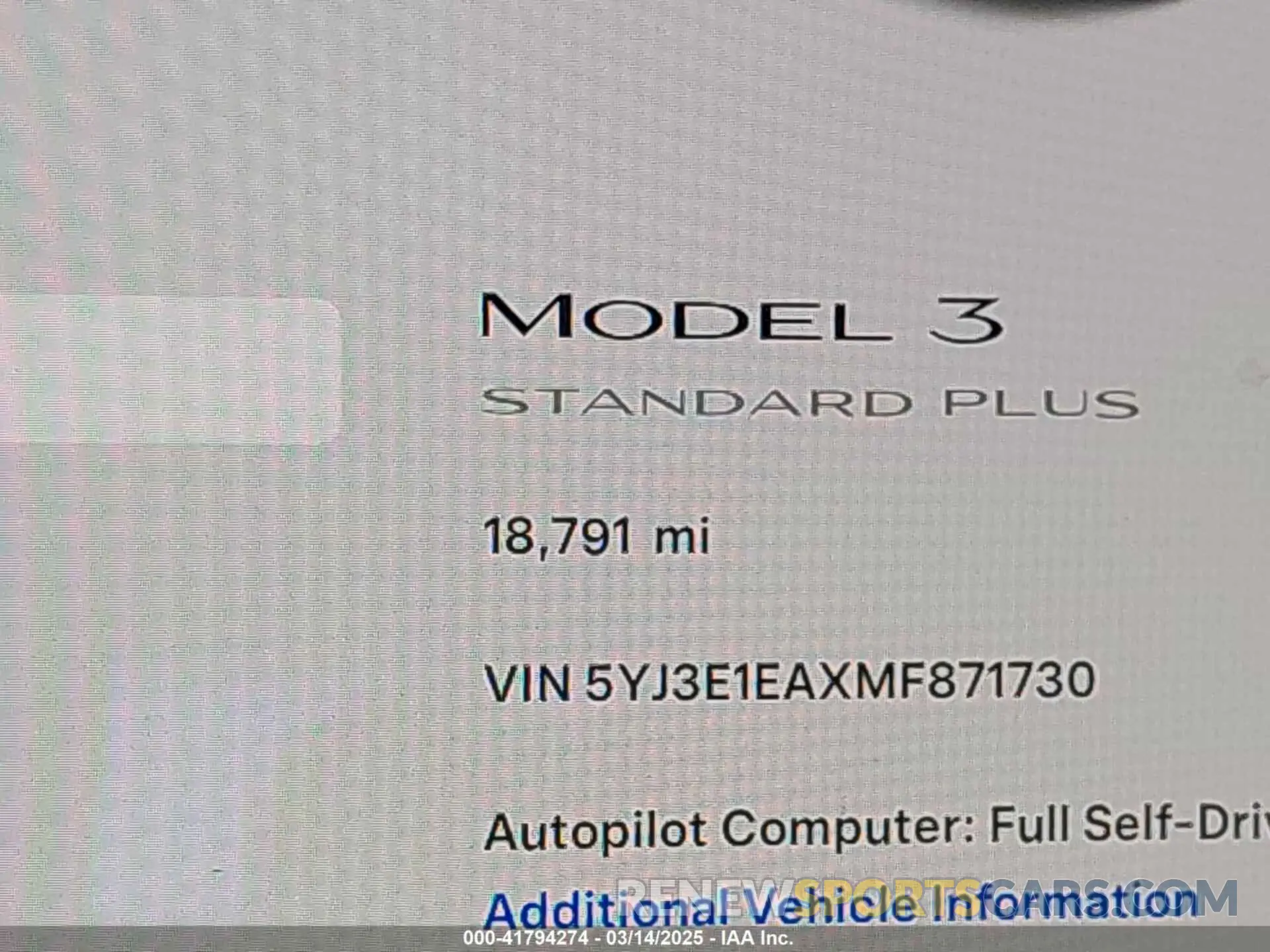 15 Фотография поврежденного автомобиля 5YJ3E1EAXMF871730 TESLA MODEL 3 2021