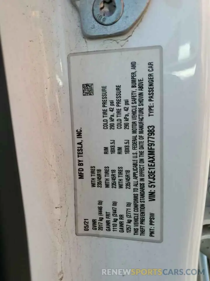 12 Photograph of a damaged car 5YJ3E1EAXMF977983 TESLA MODEL 3 2021