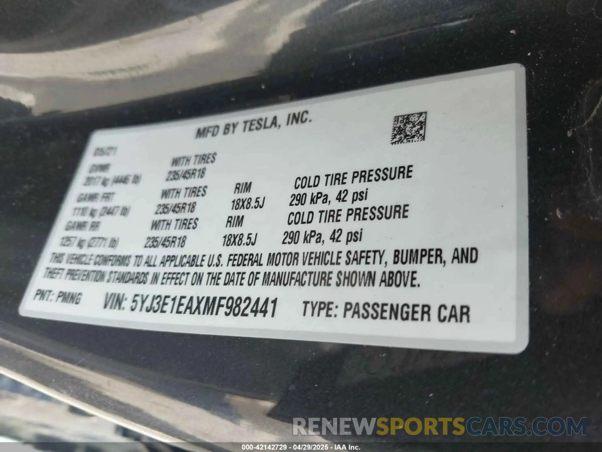 9 Фотография поврежденного автомобиля 5YJ3E1EAXMF982441 TESLA MODEL 3 2021