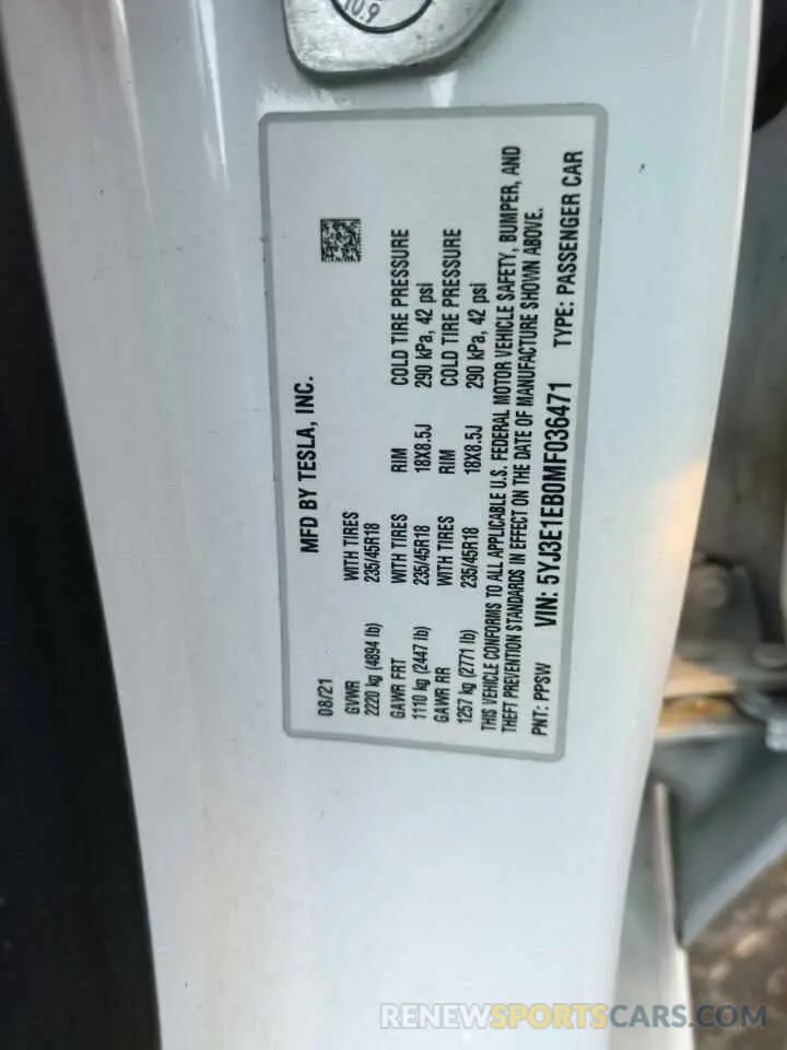 12 Фотография поврежденного автомобиля 5YJ3E1EB0MF036471 TESLA MODEL 3 2021