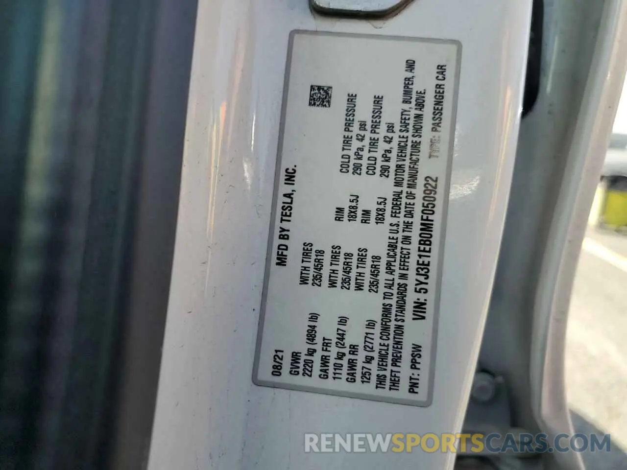 12 Фотография поврежденного автомобиля 5YJ3E1EB0MF050922 TESLA MODEL 3 2021