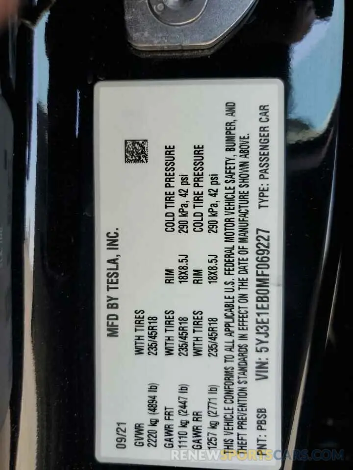 12 Photograph of a damaged car 5YJ3E1EB0MF069227 TESLA MODEL 3 2021