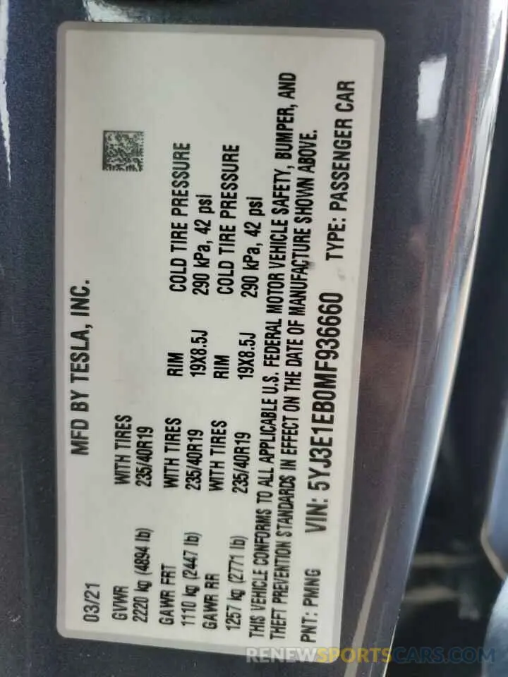 12 Фотография поврежденного автомобиля 5YJ3E1EB0MF936660 TESLA MODEL 3 2021