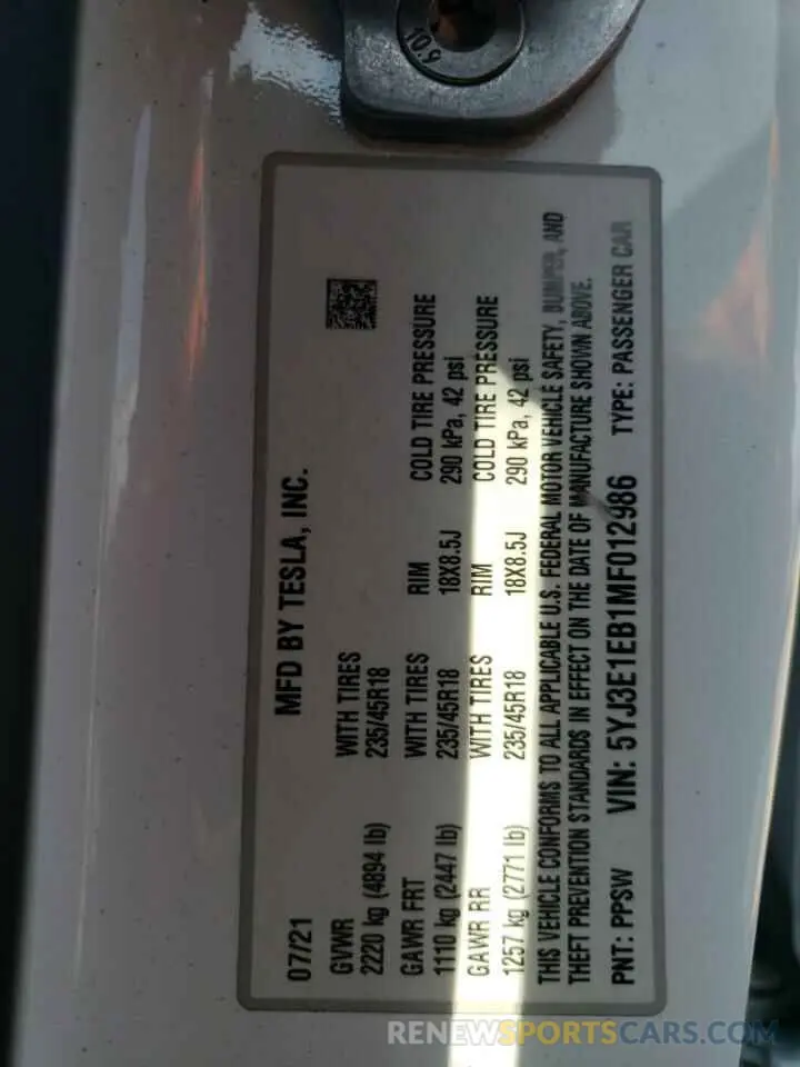 12 Photograph of a damaged car 5YJ3E1EB1MF012986 TESLA MODEL 3 2021