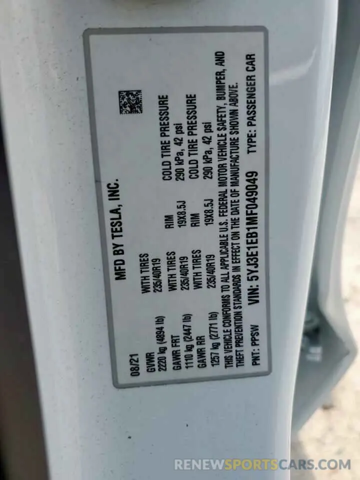 12 Photograph of a damaged car 5YJ3E1EB1MF049049 TESLA MODEL 3 2021