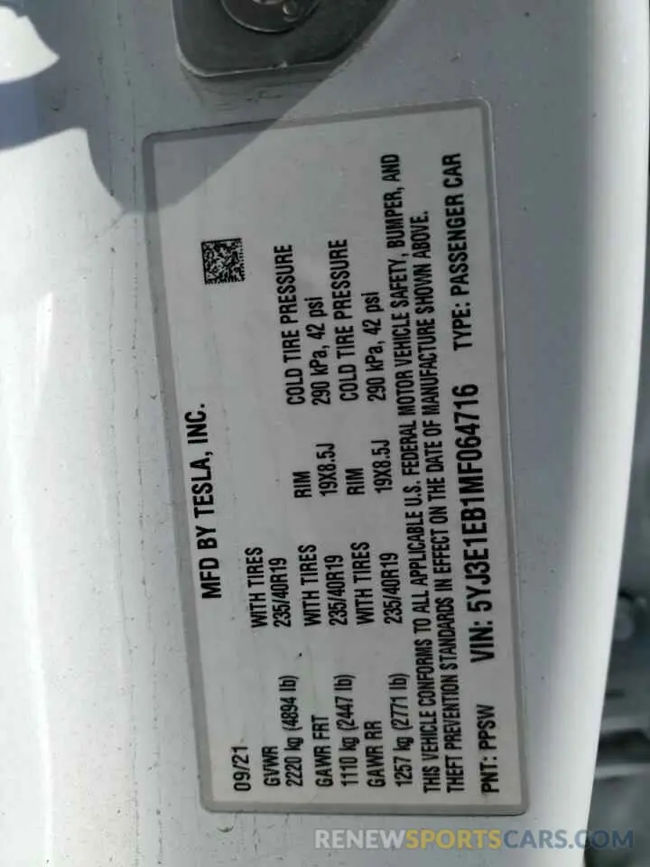 14 Photograph of a damaged car 5YJ3E1EB1MF064716 TESLA MODEL 3 2021