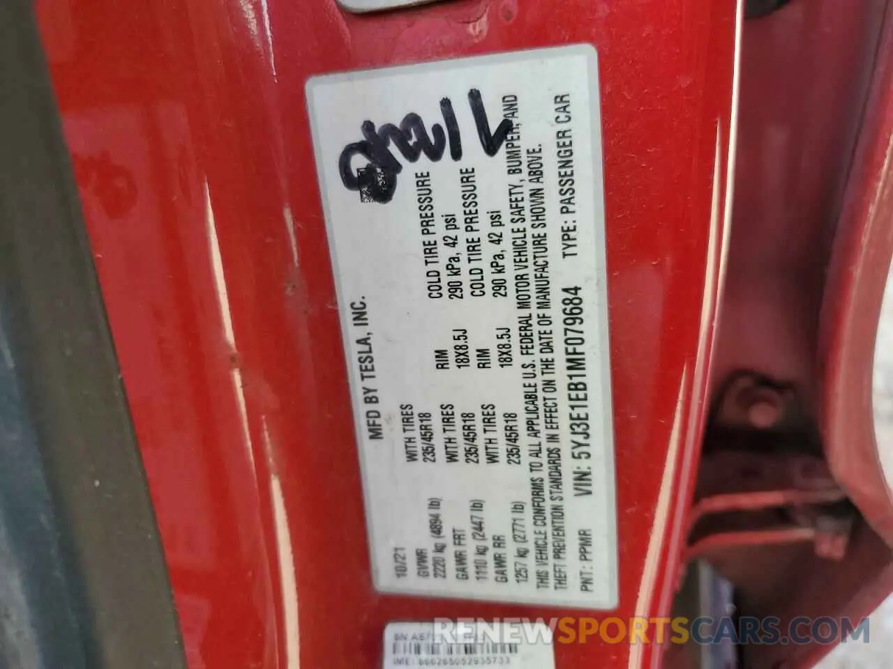12 Фотография поврежденного автомобиля 5YJ3E1EB1MF079684 TESLA MODEL 3 2021