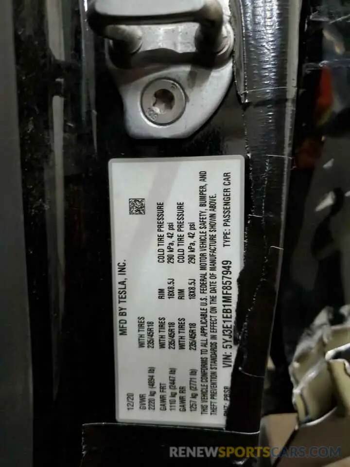 12 Photograph of a damaged car 5YJ3E1EB1MF857949 TESLA MODEL 3 2021