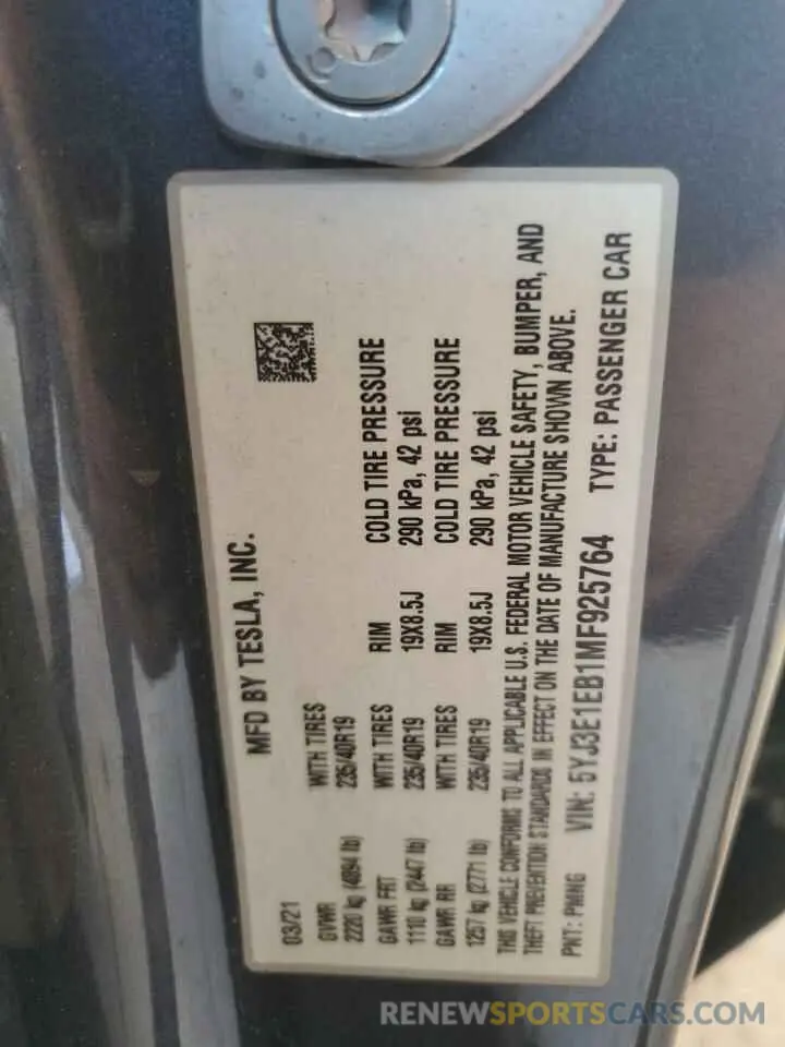 14 Photograph of a damaged car 5YJ3E1EB1MF925764 TESLA MODEL 3 2021