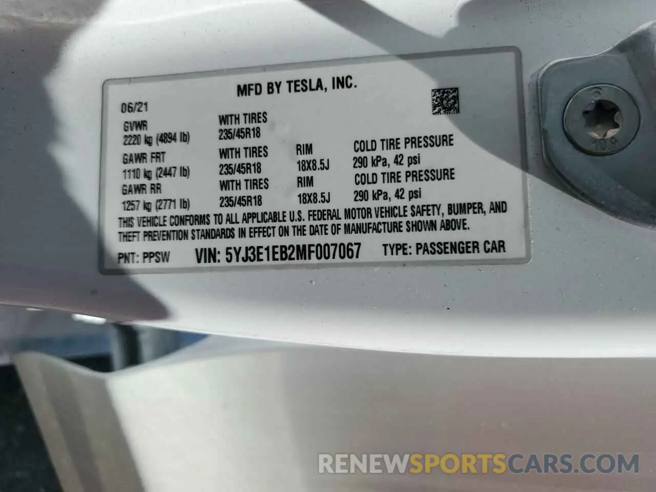14 Фотография поврежденного автомобиля 5YJ3E1EB2MF007067 TESLA MODEL 3 2021