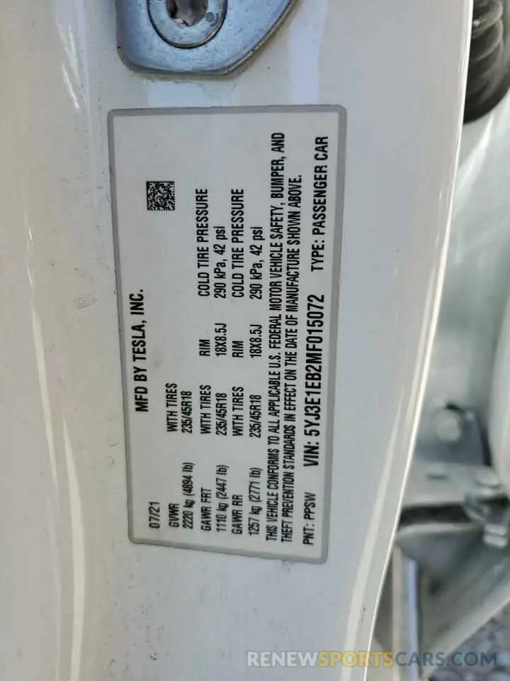 13 Фотография поврежденного автомобиля 5YJ3E1EB2MF015072 TESLA MODEL 3 2021