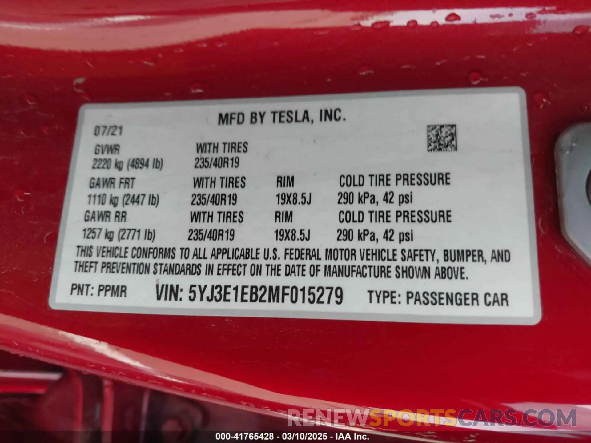 9 Фотография поврежденного автомобиля 5YJ3E1EB2MF015279 TESLA MODEL 3 2021