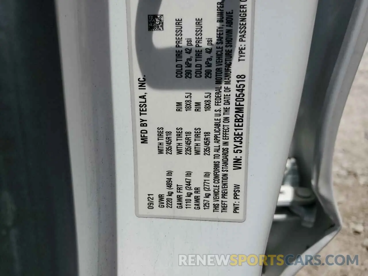12 Фотография поврежденного автомобиля 5YJ3E1EB2MF054518 TESLA MODEL 3 2021