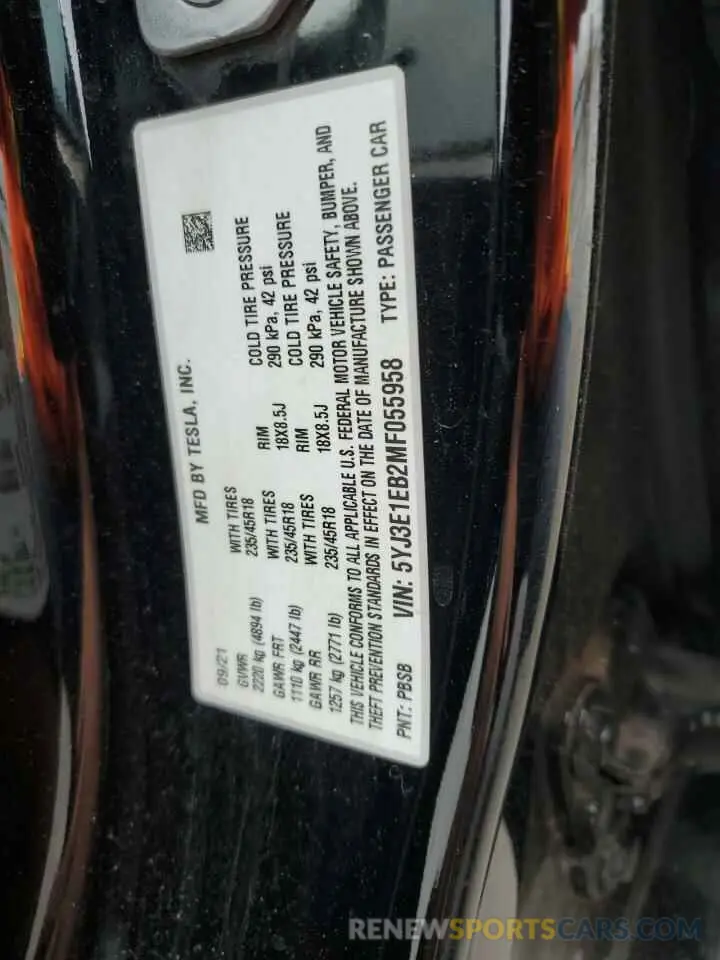 12 Фотография поврежденного автомобиля 5YJ3E1EB2MF055958 TESLA MODEL 3 2021