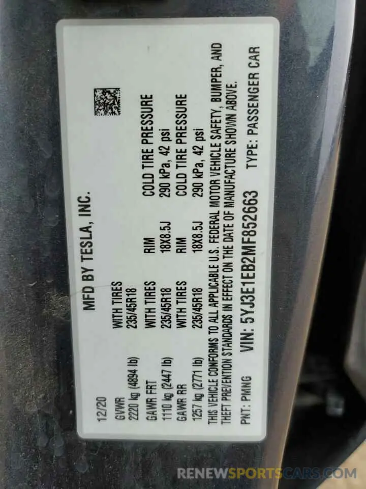 12 Фотография поврежденного автомобиля 5YJ3E1EB2MF852663 TESLA MODEL 3 2021
