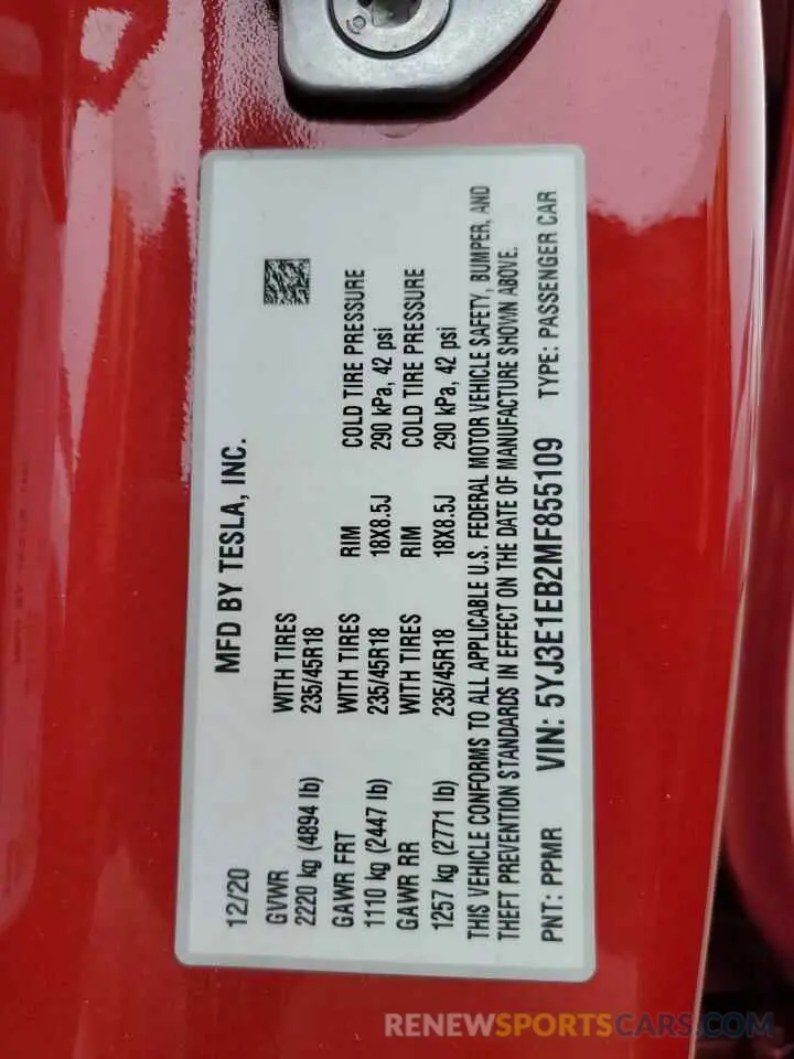 13 Photograph of a damaged car 5YJ3E1EB2MF855109 TESLA MODEL 3 2021