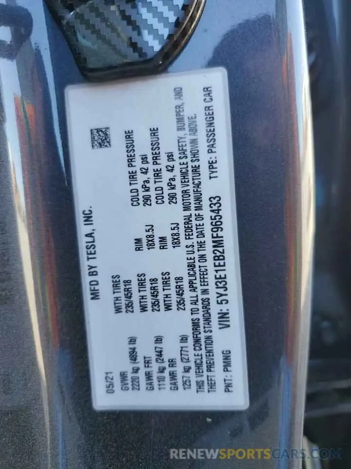 14 Фотография поврежденного автомобиля 5YJ3E1EB2MF965433 TESLA MODEL 3 2021