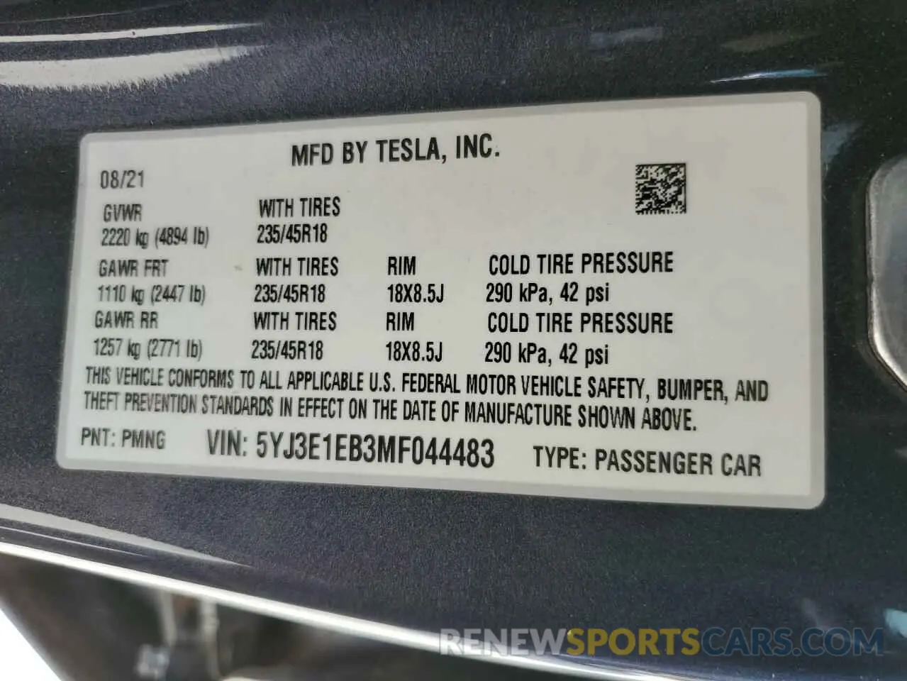 10 Photograph of a damaged car 5YJ3E1EB3MF044483 TESLA MODEL 3 2021