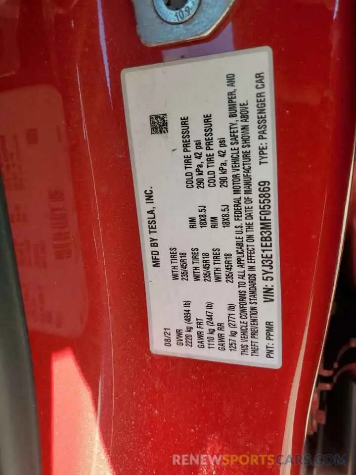 12 Фотография поврежденного автомобиля 5YJ3E1EB3MF055869 TESLA MODEL 3 2021