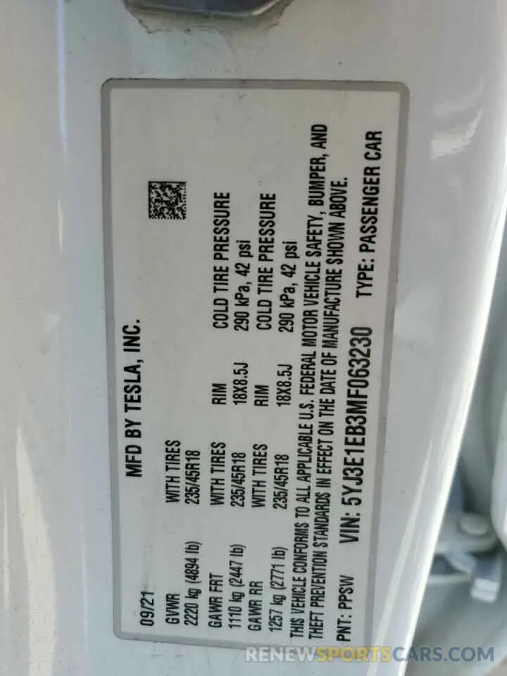 12 Фотография поврежденного автомобиля 5YJ3E1EB3MF063230 TESLA MODEL 3 2021