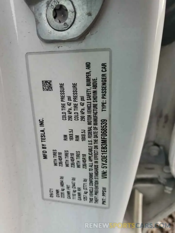14 Photograph of a damaged car 5YJ3E1EB3MF068539 TESLA MODEL 3 2021