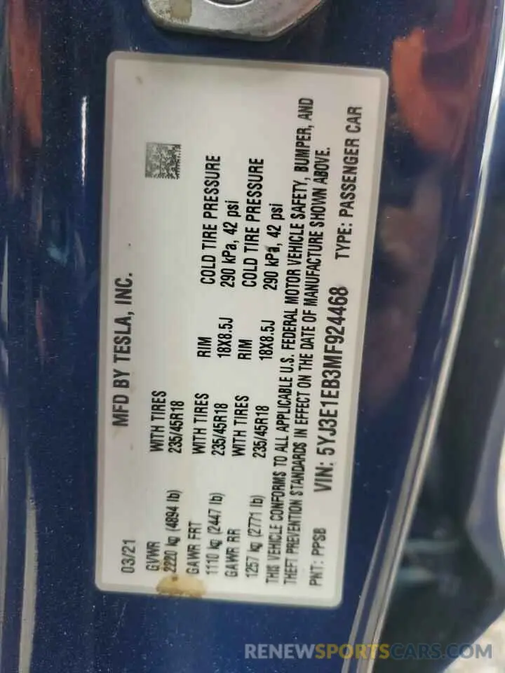 12 Фотография поврежденного автомобиля 5YJ3E1EB3MF924468 TESLA MODEL 3 2021