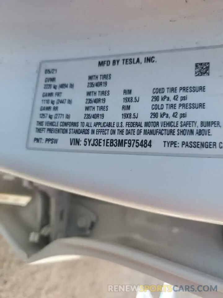 12 Photograph of a damaged car 5YJ3E1EB3MF975484 TESLA MODEL 3 2021