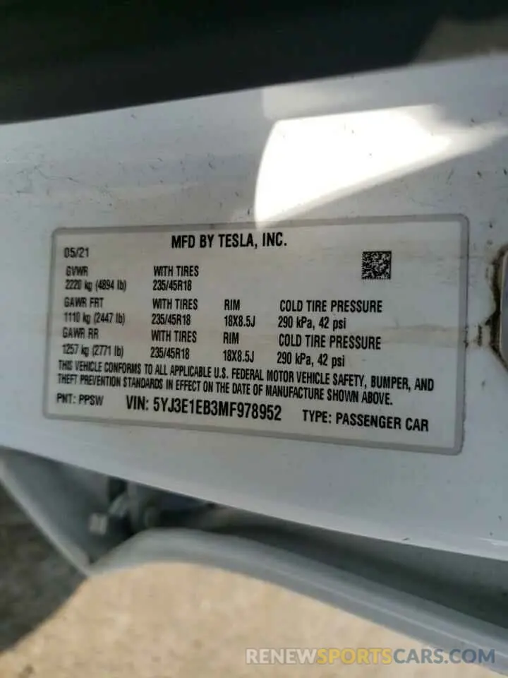13 Photograph of a damaged car 5YJ3E1EB3MF978952 TESLA MODEL 3 2021