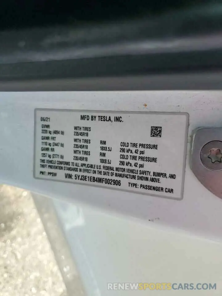 13 Photograph of a damaged car 5YJ3E1EB4MF002906 TESLA MODEL 3 2021