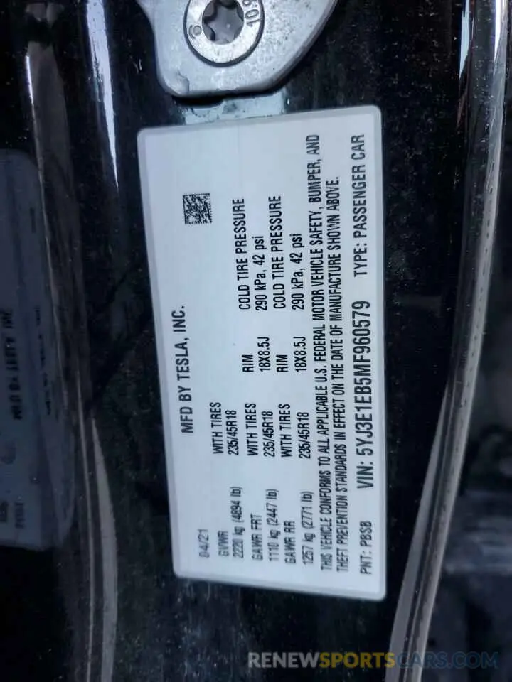 12 Photograph of a damaged car 5YJ3E1EB5MF960579 TESLA MODEL 3 2021