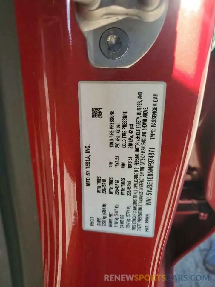 13 Фотография поврежденного автомобиля 5YJ3E1EB5MF974871 TESLA MODEL 3 2021