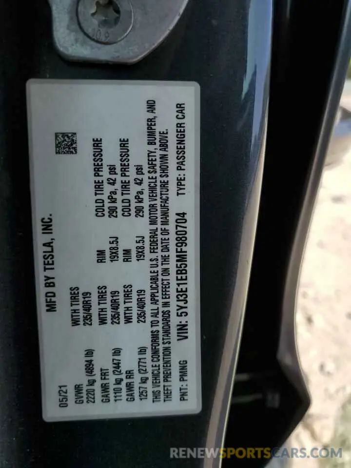 13 Фотография поврежденного автомобиля 5YJ3E1EB5MF980704 TESLA MODEL 3 2021