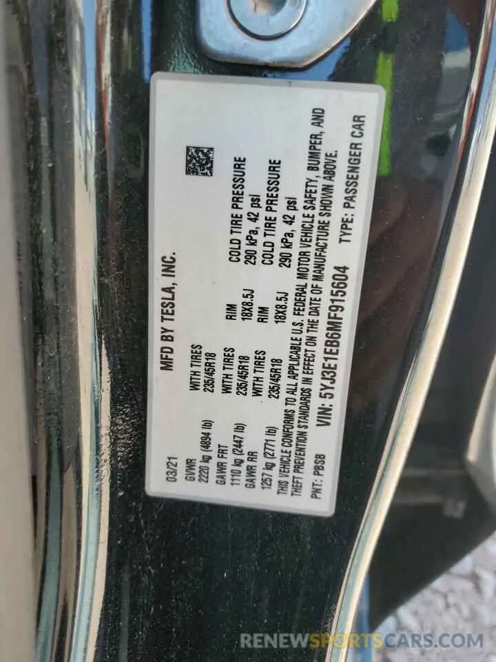 12 Photograph of a damaged car 5YJ3E1EB6MF915604 TESLA MODEL 3 2021