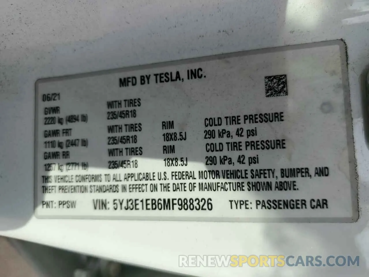 14 Фотография поврежденного автомобиля 5YJ3E1EB6MF988326 TESLA MODEL 3 2021