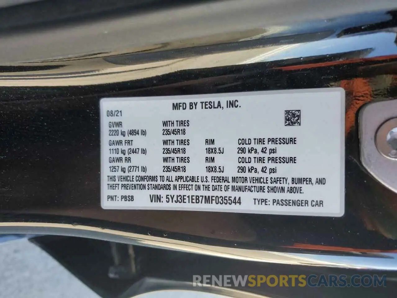 15 Фотография поврежденного автомобиля 5YJ3E1EB7MF035544 TESLA MODEL 3 2021