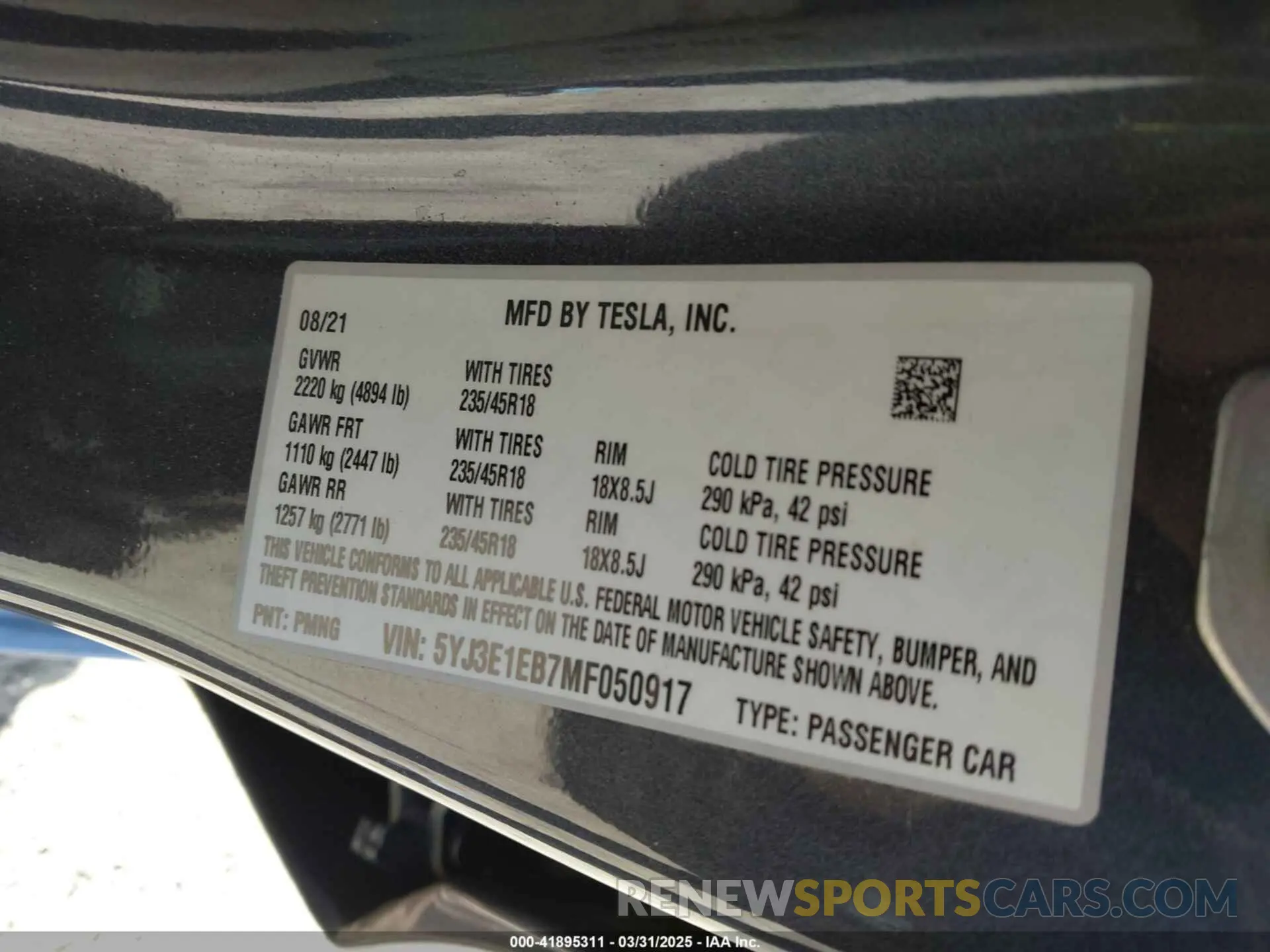 9 Фотография поврежденного автомобиля 5YJ3E1EB7MF050917 TESLA MODEL 3 2021