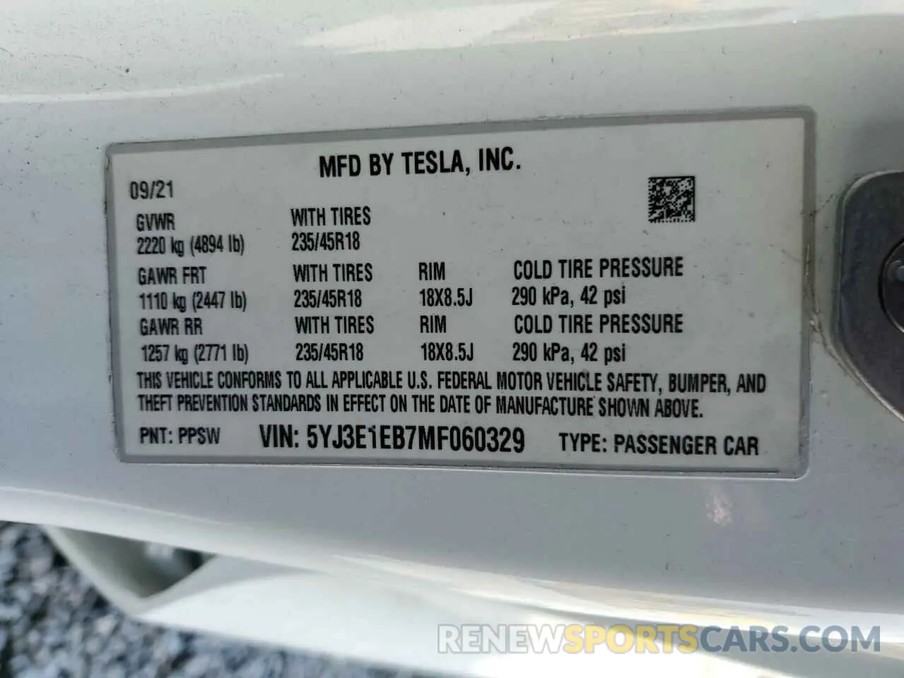 12 Фотография поврежденного автомобиля 5YJ3E1EB7MF060329 TESLA MODEL 3 2021