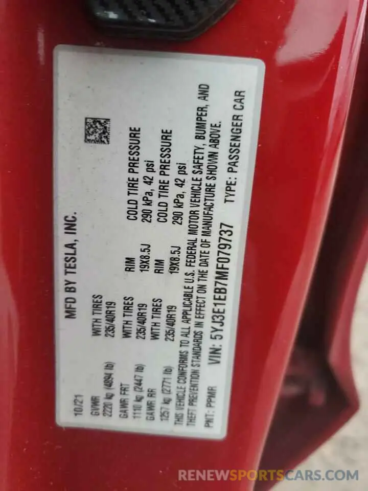 12 Фотография поврежденного автомобиля 5YJ3E1EB7MF079737 TESLA MODEL 3 2021