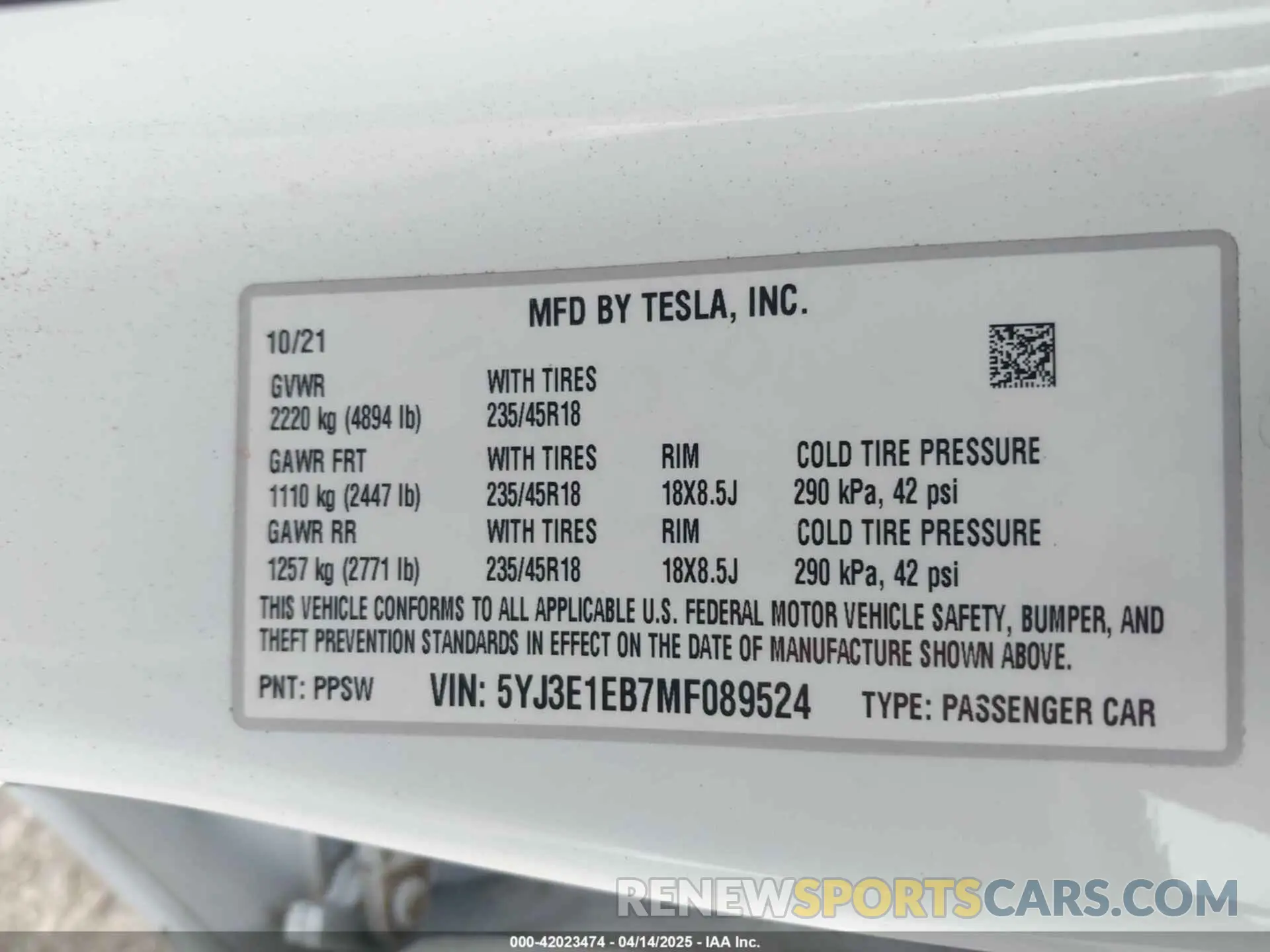9 Фотография поврежденного автомобиля 5YJ3E1EB7MF089524 TESLA MODEL 3 2021