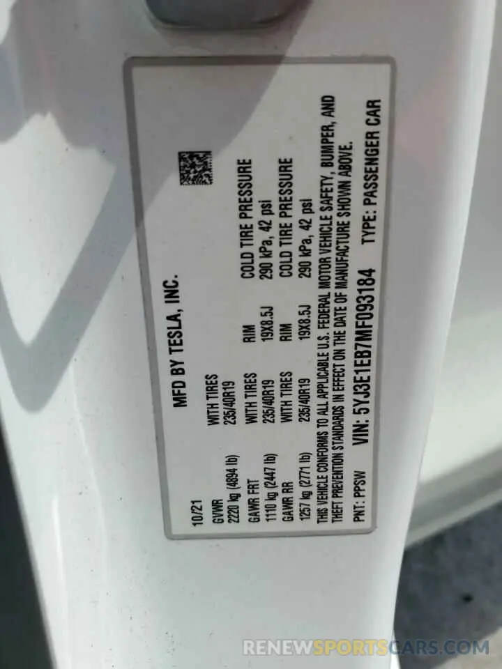 12 Фотография поврежденного автомобиля 5YJ3E1EB7MF093184 TESLA MODEL 3 2021