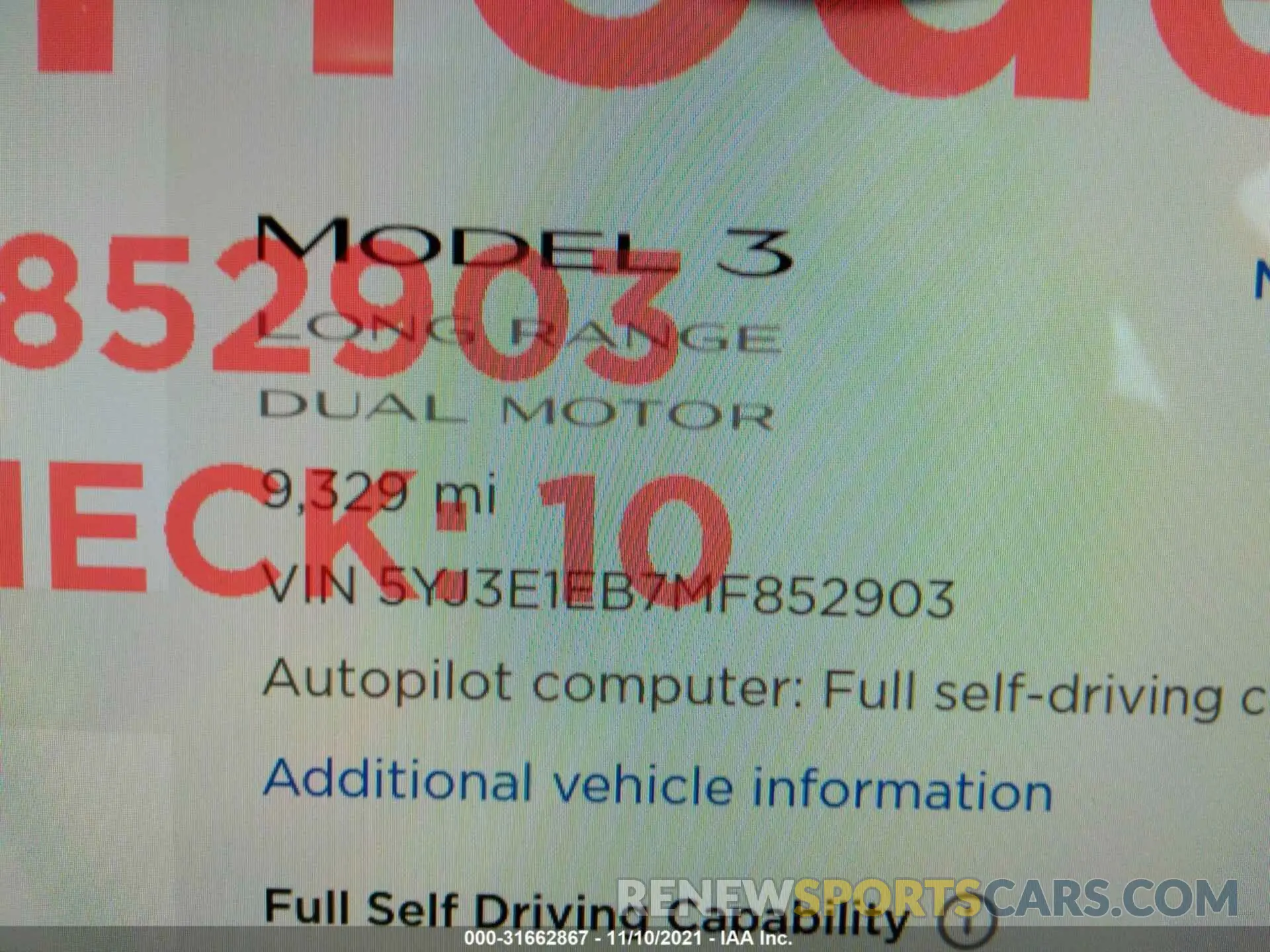 7 Photograph of a damaged car 5YJ3E1EB7MF852903 TESLA MODEL 3 2021