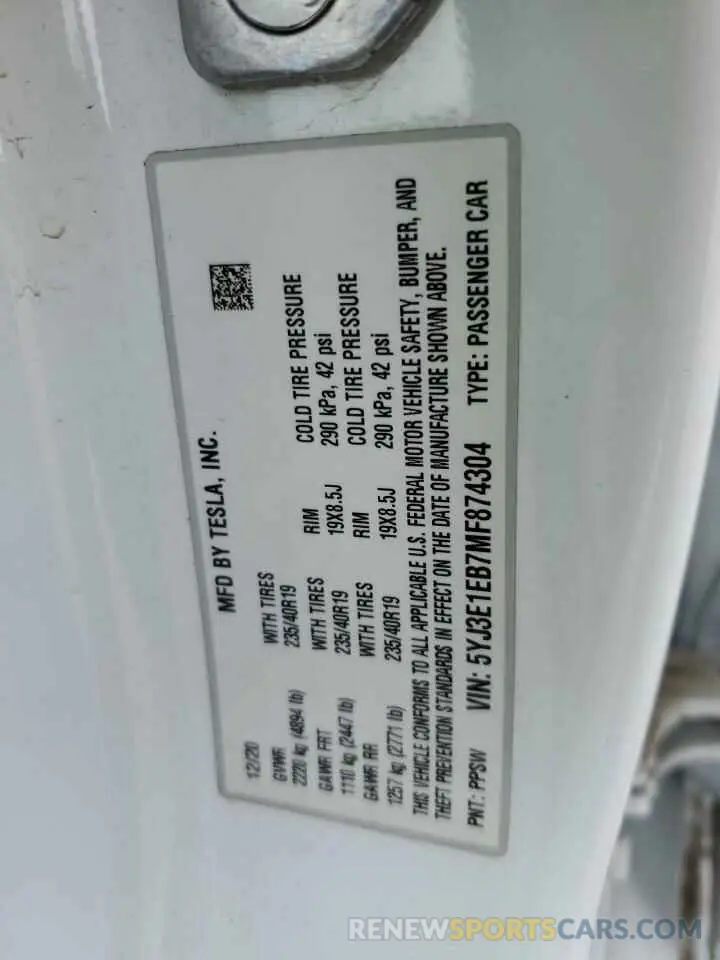 14 Фотография поврежденного автомобиля 5YJ3E1EB7MF874304 TESLA MODEL 3 2021